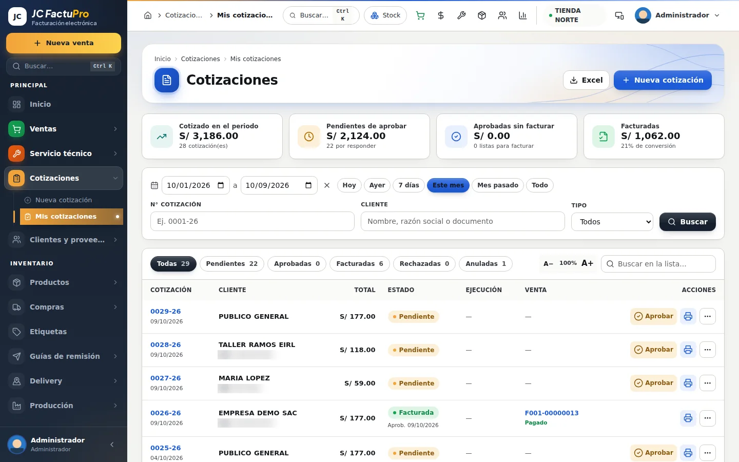 Cotiza, aprueba y factura
