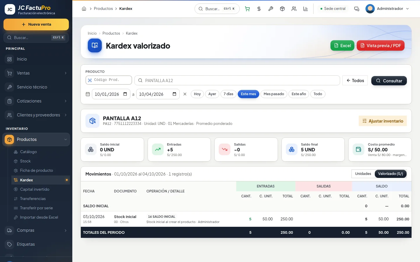 Kardex valorizado por producto